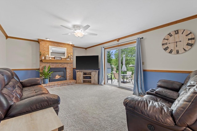 W163N10515 Ridgeview Ln, Germantown, WI 53022 - carpeted living area with ceiling fan, crown molding, and a fireplace