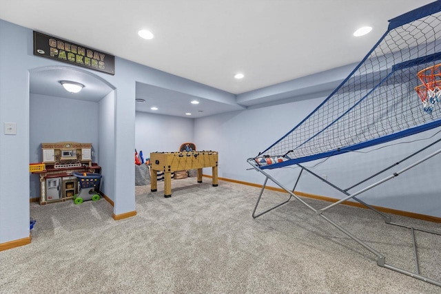W163N10515 Ridgeview Ln, Germantown, WI 53022 - rec room featuring carpet floors, recessed lighting, and arched walkways