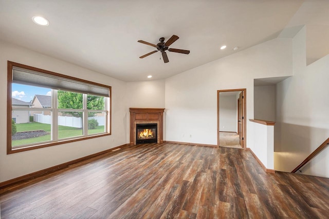 4815 Isabella Cir, Oneida, WI 54155 - unfurnished living room with wood finished floors, recessed lighting, a glass covered fireplace, ceiling fan, and lofted ceiling