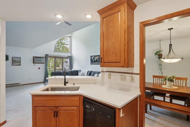 735 Cherokee Path, Lake Mills, WI 53551 - kitchen with dishwasher, open floor plan, a baseboard radiator, carpet flooring, and a wall unit AC