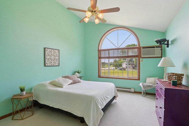735 Cherokee Path, Lake Mills, WI 53551 - bedroom with lofted ceiling, a wall mounted AC, a baseboard heating unit, carpet floors, and ceiling fan