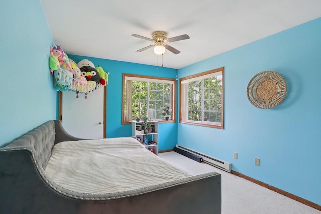 735 Cherokee Path, Lake Mills, WI 53551 - bedroom featuring carpet, baseboard heating, and a ceiling fan