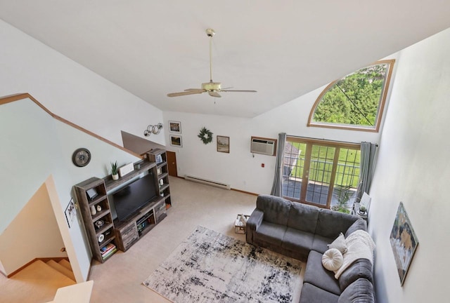 735 Cherokee Path, Lake Mills, WI 53551 - carpeted living room featuring a baseboard radiator, a ceiling fan, an AC wall unit, and high vaulted ceiling