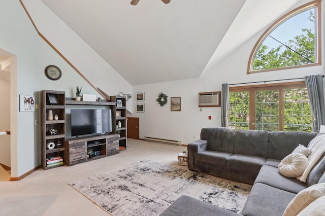 735 Cherokee Path, Lake Mills, WI 53551 - carpeted living area with a wall mounted AC, a baseboard heating unit, high vaulted ceiling, and a ceiling fan