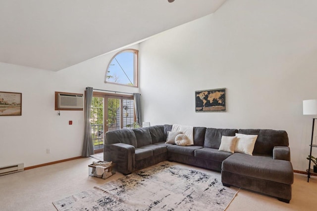 735 Cherokee Path, Lake Mills, WI 53551 - living room featuring high vaulted ceiling, light carpet, a wall mounted AC, and a baseboard radiator