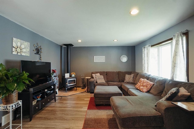 215 Marcoe St, Fond Du Lac, WI 54937 - living area with a wood stove, light wood-style floors, and recessed lighting