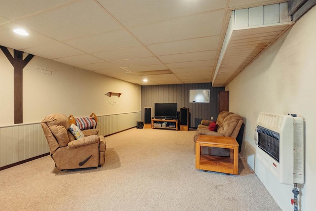 215 Marcoe St, Fond Du Lac, WI 54937 - living area featuring heating unit, carpet flooring, recessed lighting, wainscoting, and a paneled ceiling