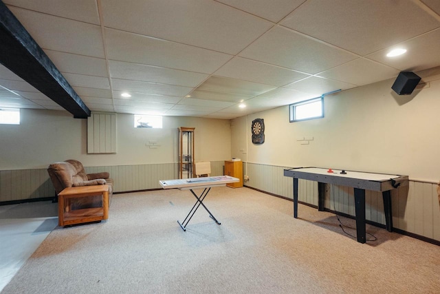 215 Marcoe St, Fond Du Lac, WI 54937 - recreation room featuring a wainscoted wall, a drop ceiling, and carpet floors