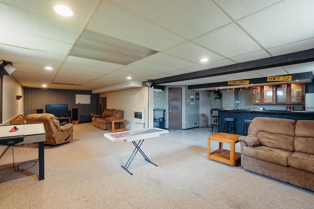 215 Marcoe St, Fond Du Lac, WI 54937 - carpeted living area featuring bar, recessed lighting, a drop ceiling, and heating unit