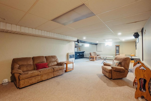 215 Marcoe St, Fond Du Lac, WI 54937 - living area with carpet flooring, a paneled ceiling, heating unit, and recessed lighting
