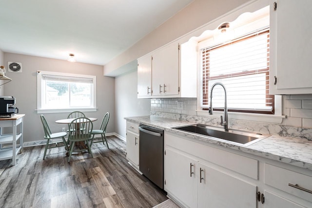 10610 W Rogers St, West Allis, WI 53227 - kitchen with dishwasher, white cabinetry, dark wood-style flooring, and decorative backsplash