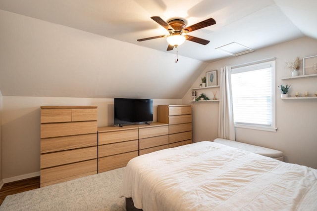 10610 W Rogers St, West Allis, WI 53227 - bedroom featuring vaulted ceiling, wood finished floors, attic access, and ceiling fan
