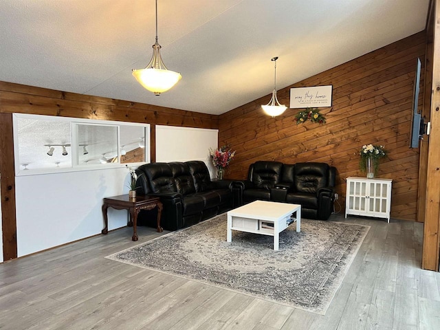 2400 Church St, Stevens Point, WI 54481 - living area with wooden walls, wood finished floors, and vaulted ceiling