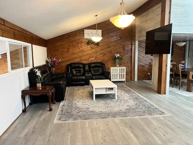 2400 Church St, Stevens Point, WI 54481 - living area featuring wooden walls, light wood-style flooring, and vaulted ceiling