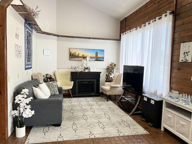 2400 Church St, Stevens Point, WI 54481 - living area with a fireplace, vaulted ceiling, wood walls, and plenty of natural light