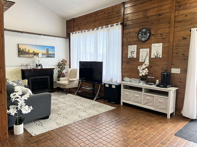 2400 Church St, Stevens Point, WI 54481 - living area featuring a fireplace, wooden walls, and lofted ceiling
