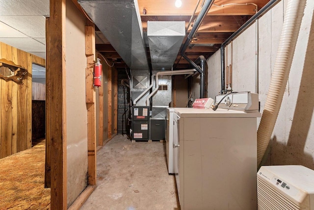 1517 Navarino St, Algoma, WI 54201 - unfinished below grade area featuring heating unit, washer and dryer, and wooden walls