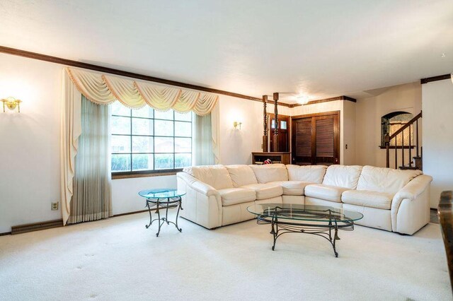 9600 W Debbie Ln, Milwaukee, WI 53224 - living area featuring crown molding, carpet flooring, and stairway