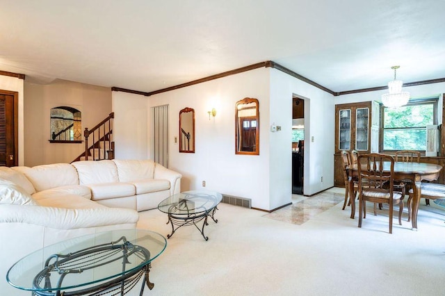 9600 W Debbie Ln, Milwaukee, WI 53224 - living room featuring crown molding, stairs, light colored carpet, and a chandelier
