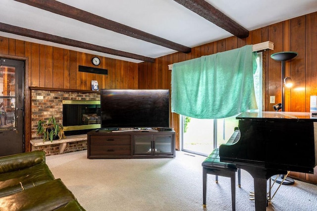 9600 W Debbie Ln, Milwaukee, WI 53224 - carpeted living room featuring wooden walls and beamed ceiling