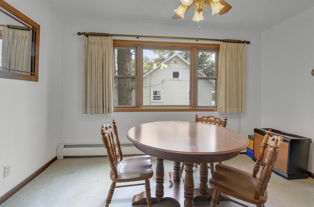 615 Ogden St, Marinette, WI 54143 - dining area with light colored carpet, ceiling fan, and a baseboard radiator