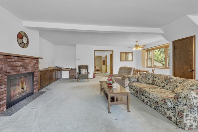 615 Ogden St, Marinette, WI 54143 - living area with carpet flooring, beamed ceiling, a fireplace, and a ceiling fan