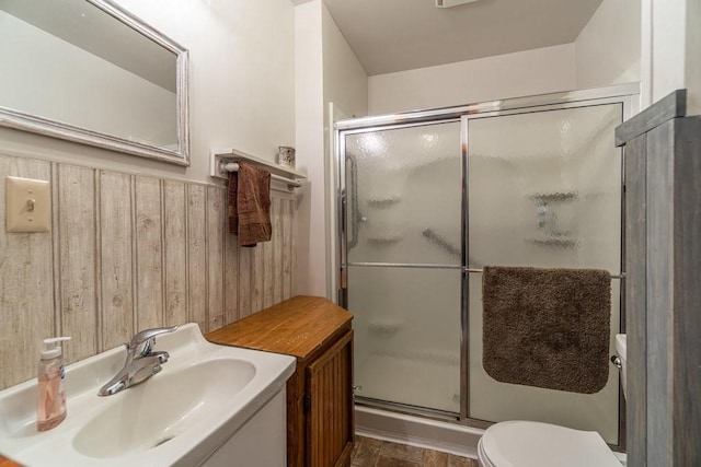 214 E Dell St, New Auburn, WI 54757 - full bathroom featuring a stall shower, wood walls, and a wainscoted wall