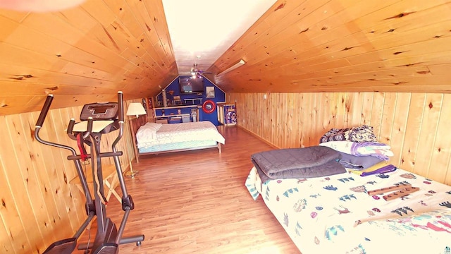 70355 Laine Rd, Iron River, WI 54847 - bedroom with wood walls, wood finished floors, wooden ceiling, and vaulted ceiling