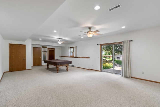 1601 Raspberry Ln, Mount Horeb, WI 53572 - game room with pool table, light colored carpet, recessed lighting, plenty of natural light, and ceiling fan