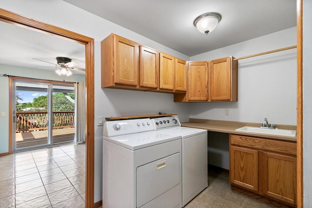 1601 Raspberry Ln, Mount Horeb, WI 53572 - laundry area featuring independent washer and dryer, cabinet space, a ceiling fan, and light tile patterned floors