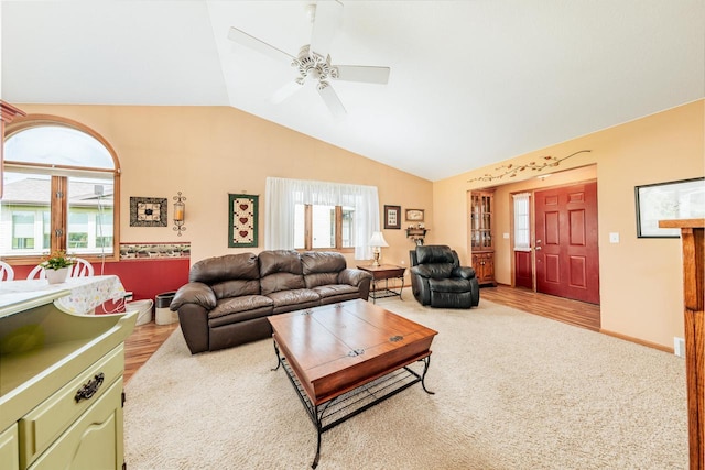 143 Parkview Ct, Cedar Grove, WI 53013 - carpeted living room featuring plenty of natural light, ceiling fan, and high vaulted ceiling