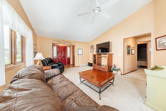 143 Parkview Ct, Cedar Grove, WI 53013 - living area with ceiling fan, high vaulted ceiling, and light carpet