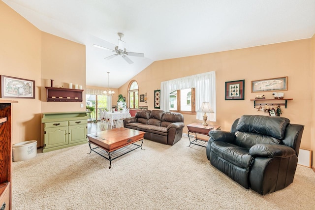 143 Parkview Ct, Cedar Grove, WI 53013 - living room with light carpet, vaulted ceiling, a chandelier, and a ceiling fan