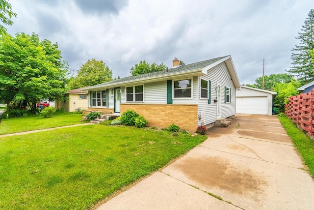 1508 Pearson St, Wausau, WI 54401 - ranch-style home with a chimney, an outbuilding, a front lawn, a garage, and brick siding