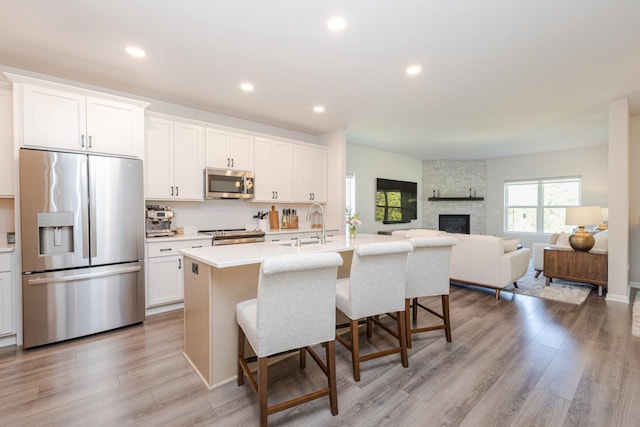 310 Paradise Ct, Hartland, WI 53029 - kitchen featuring stainless steel appliances, a breakfast bar area, a kitchen island with sink, light wood-style floors, and a stone fireplace