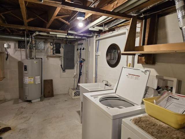 131 Crestview Ln, Nekoosa, WI 54457 - washroom featuring electric water heater, electric panel, and washer and clothes dryer