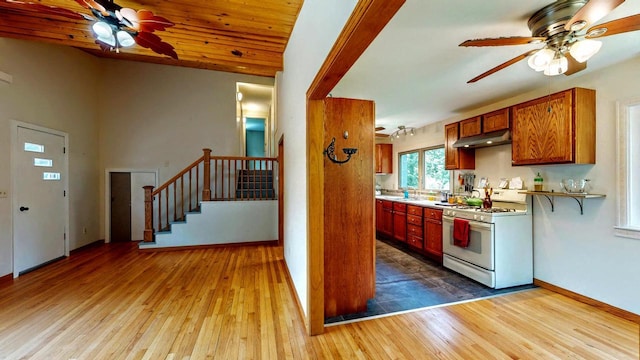 N2493 Kunz Rd, Fort Atkinson, WI 53538 - kitchen featuring gas range gas stove, under cabinet range hood, ceiling fan, wood-type flooring, and lofted ceiling