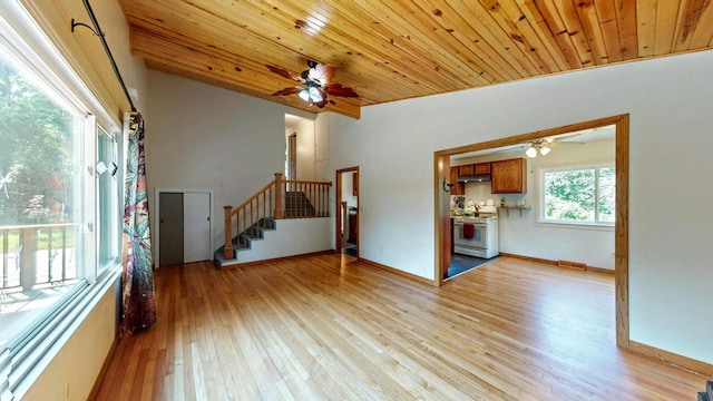 N2493 Kunz Rd, Fort Atkinson, WI 53538 - unfurnished living room featuring stairway, light wood-style flooring, wooden ceiling, and a ceiling fan