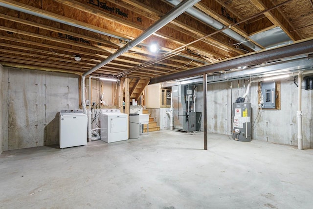 1335 Terapin Trl, Janesville, WI 53545 - unfinished basement featuring washer and dryer, gas water heater, electric panel, heating unit, and stairway