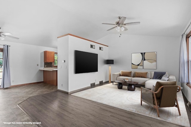 1335 Terapin Trl, Janesville, WI 53545 - living room with ceiling fan, lofted ceiling, and wood finished floors