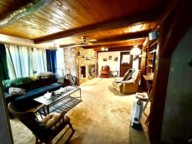 12830 Thunder Hollow Rd, Whitelaw, WI 54247 - carpeted living room with a wooden ceiling with exposed beams, a fireplace, and a ceiling fan