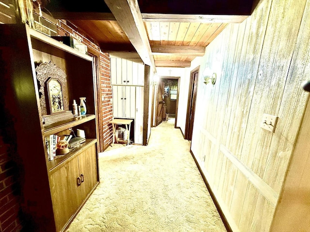 12830 Thunder Hollow Rd, Whitelaw, WI 54247 - corridor with a wooden ceiling with exposed beams and light carpet
