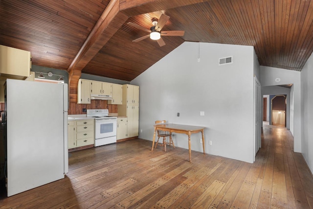210 N 2nd St, Palmyra, WI 53156 - kitchen featuring white appliances, under cabinet range hood, a ceiling fan, lofted ceiling, and wood-type flooring