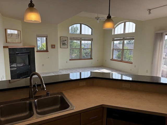 5196 Sassafras Dr Unit 313, Fitchburg, WI 53711 - kitchen with dishwasher, open floor plan, ceiling fan, a fireplace, and rail lighting