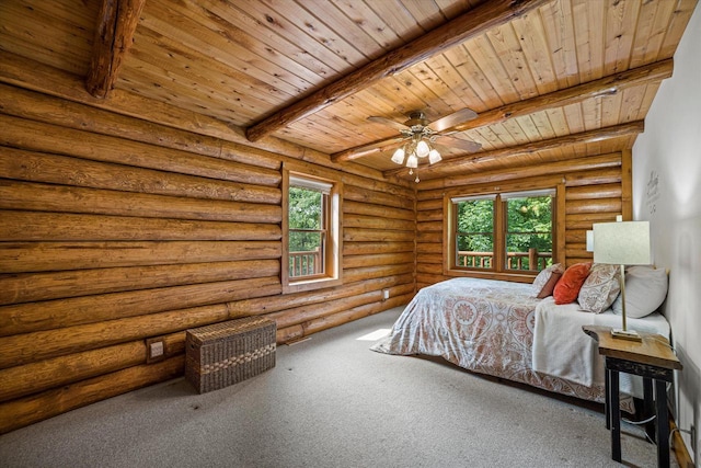 5633 Contour Rd, Waterford, WI 53185 - carpeted bedroom featuring a wood ceiling with exposed beams, multiple windows, and log walls