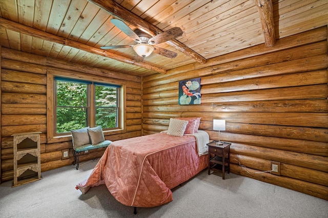 5633 Contour Rd, Waterford, WI 53185 - carpeted bedroom featuring a wood ceiling with exposed beams and log walls