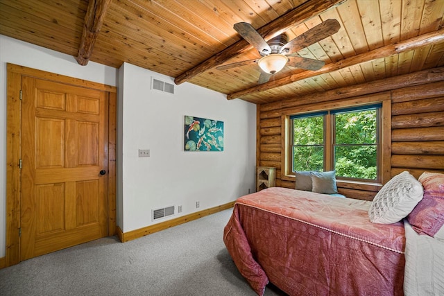 5633 Contour Rd, Waterford, WI 53185 - bedroom featuring a wood ceiling with exposed beams, log walls, carpet flooring, and ceiling fan