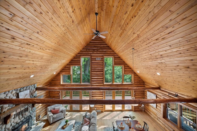 5633 Contour Rd, Waterford, WI 53185 - additional living space featuring wood ceiling, log walls, ceiling fan, high vaulted ceiling, and recessed lighting