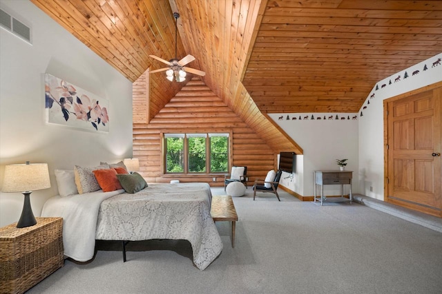 5633 Contour Rd, Waterford, WI 53185 - bedroom with wood ceiling, high vaulted ceiling, log walls, and carpet floors