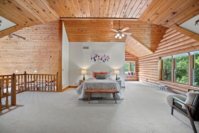 5633 Contour Rd, Waterford, WI 53185 - bedroom with rustic walls, wood ceiling, carpet flooring, and high vaulted ceiling